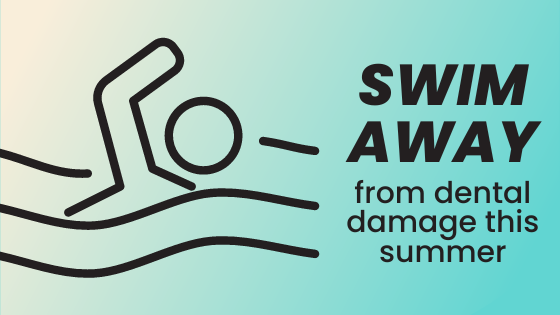 Line art of man swimming in water, with article title text: swim away from dental damage this summer